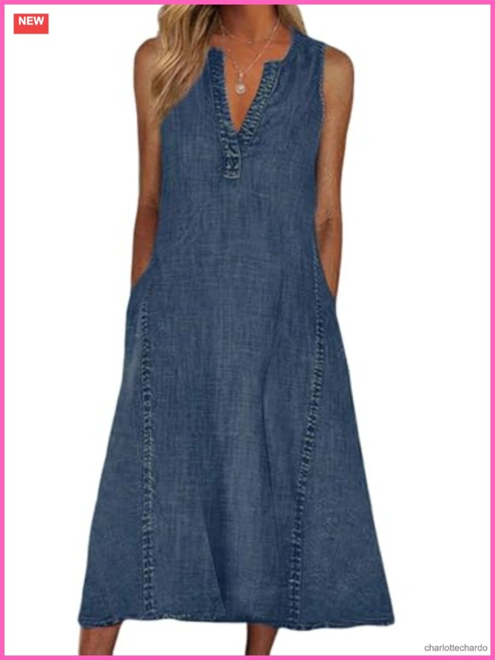 Sleeveless Denim Midi Dress V-Neck A-Line Cotton Casual Summer Dress